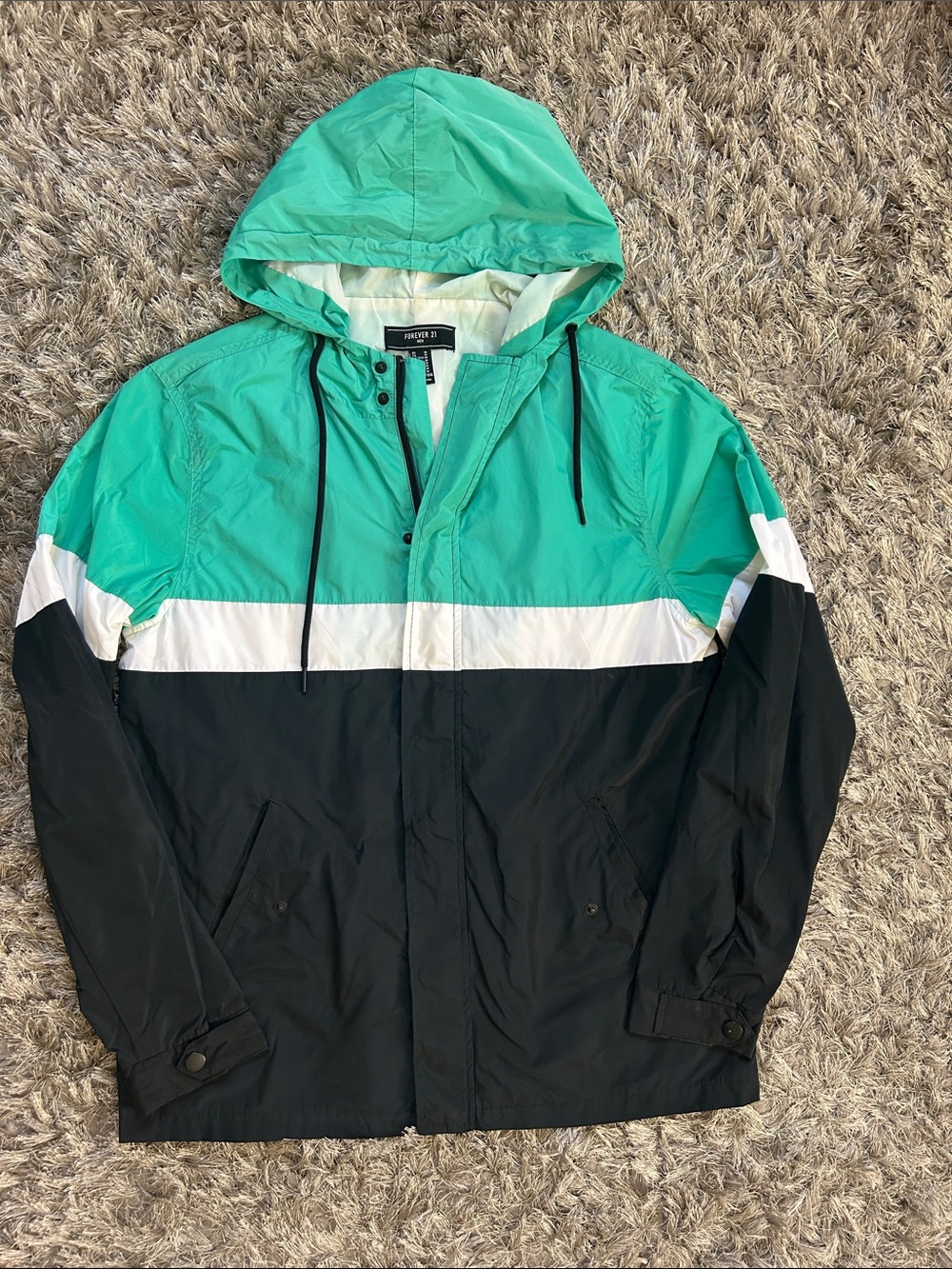Forever 21 Colorblock Hooded Windbreaker - Teal, White & Black - Size Medium